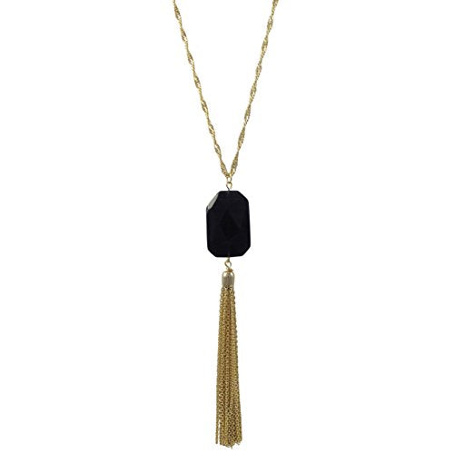 Extra Long Tassel Necklace with Synthetic Black Opal 30-inch Length Gold-plated