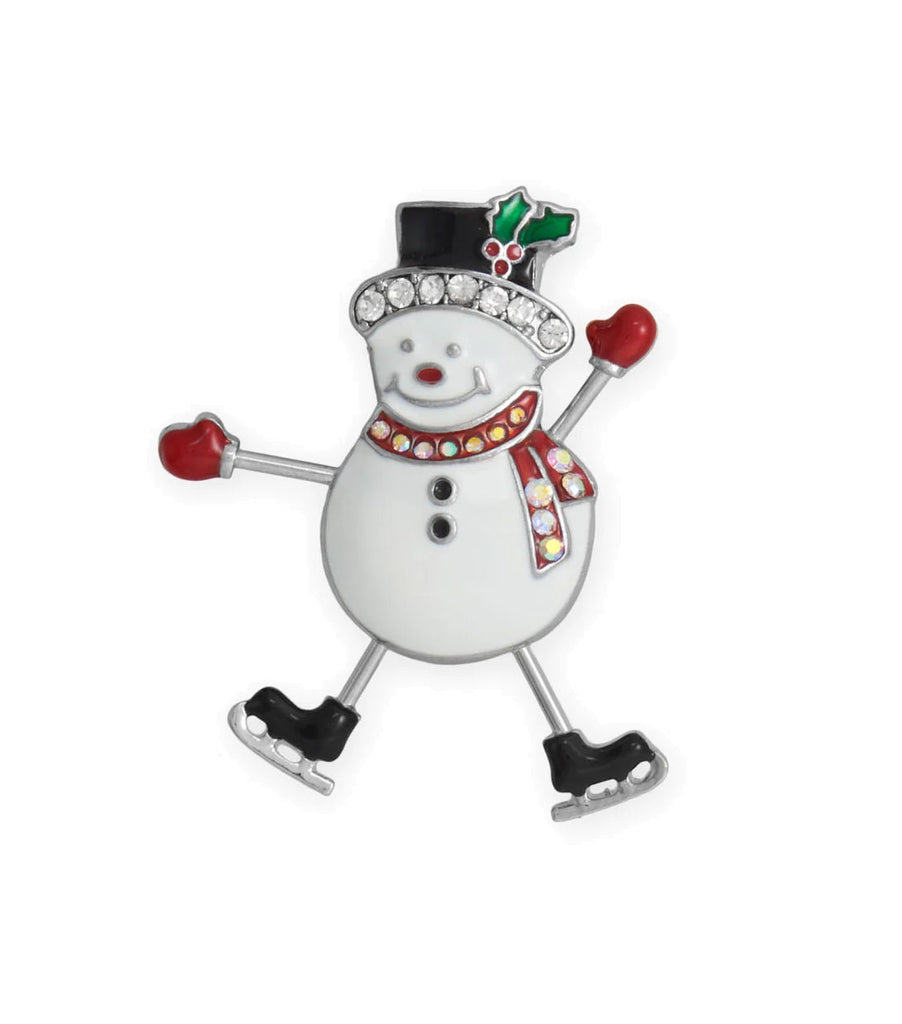 Ice Skating Snowman Fashion Pin with Crystals Silver Tone