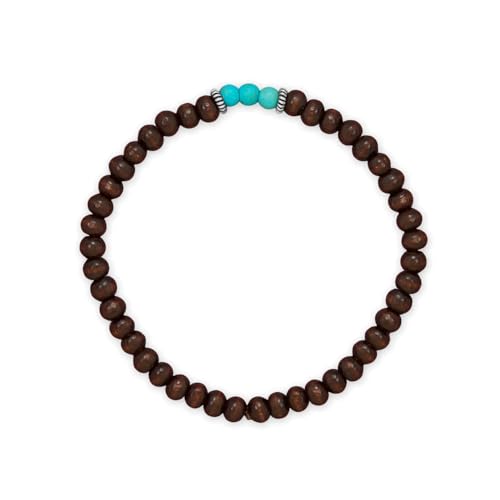 Wood and Turquoise-color Bead Bracelet Stretch with Sterling Silver Accent Beads