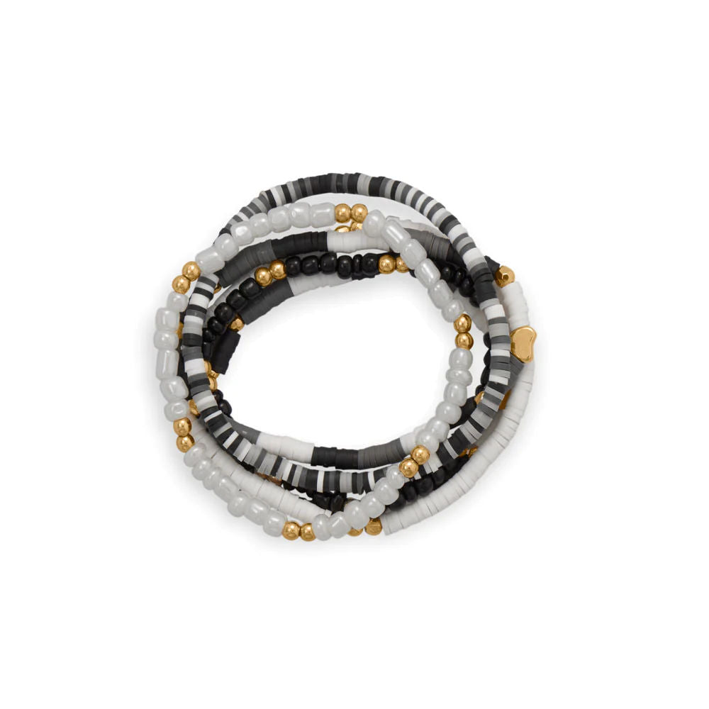 Friendship Stretch Bracelet Set of Six Black White Gold Tone Beads