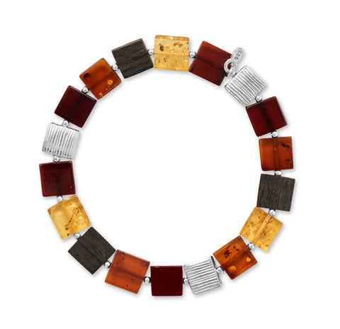 Baltic Amber Stretch Bracelet with Three Colors and Sterling Silver Disks