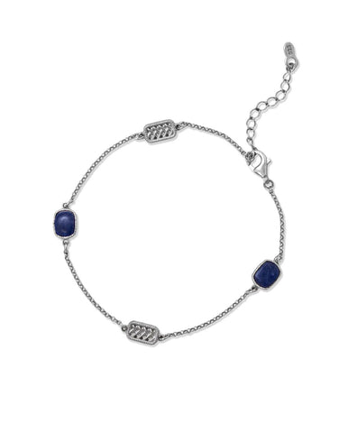 Blue Sodalite Bracelet with Weave Design Stations Rhodium on Silver Adjustable