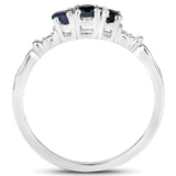Three-stone Genuine Sapphire Ring Rhodium on Silver September Birthstone, size 6