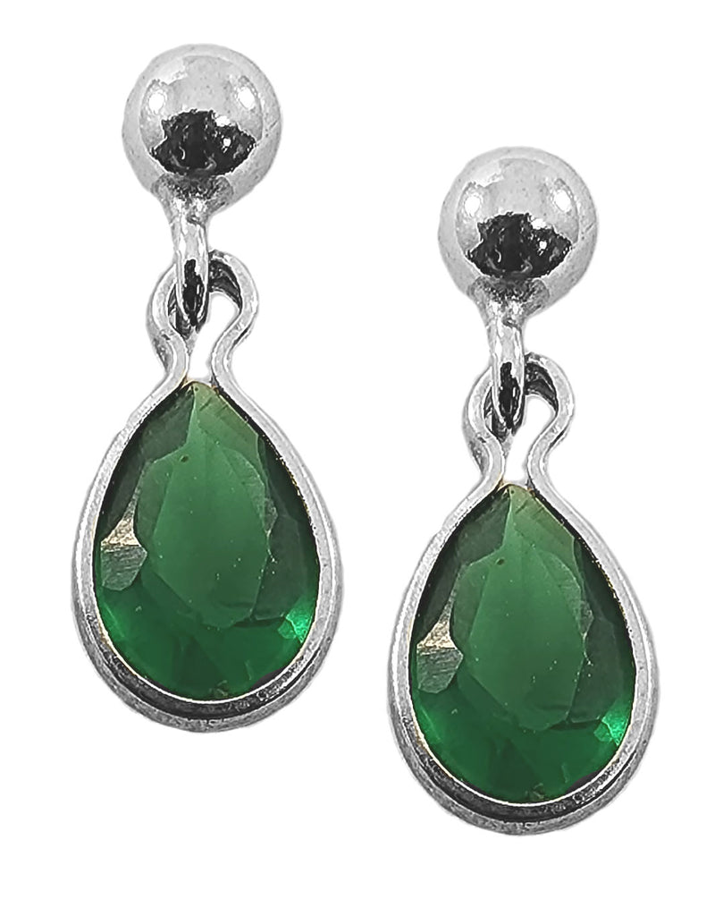 Sterling Silver Ball Post with Drop Earrings Cubic Zirconia Teardrop - Green