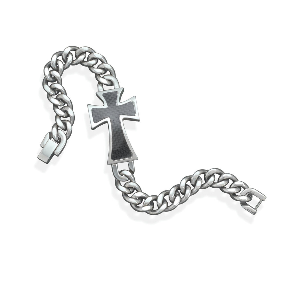 Mens Cross  Bracelet with Carbon Fiber Stainless Steel