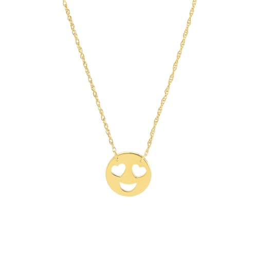 14k Yellow Gold Smiley Face Pendant Necklace with with Heart Eyes Emoji