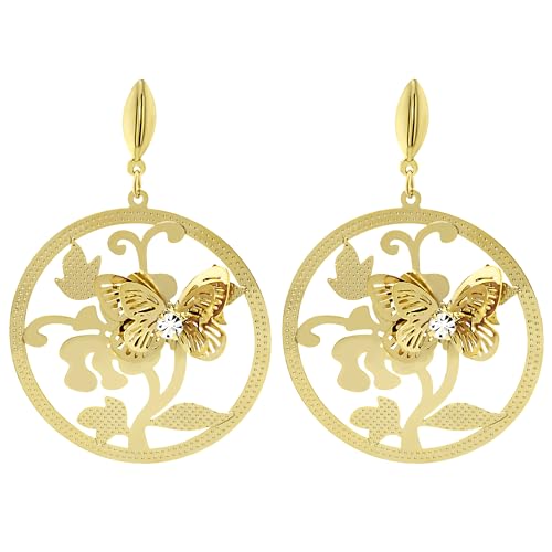 3D Butterfly Earrings with Cutout Flower Design and Crystal Yellow Gold Plated