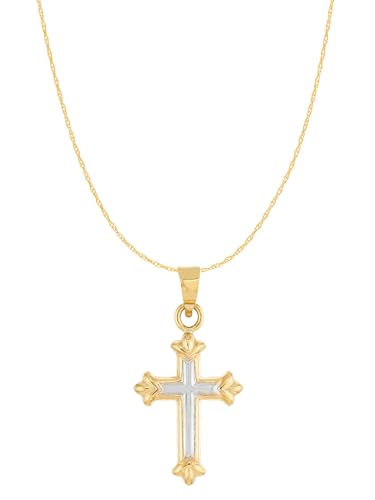 14k white and Yellow Two-Tone Gold Cross Necklace with Fleuree Design Reversible with 18-inch Chain