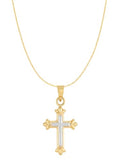 14k white and Yellow Two-Tone Gold Cross Necklace with Fleuree Design Reversible with 18-inch Chain
