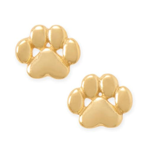 Paw Print Stud Earrings with Heart 14K Gold-plated Silver