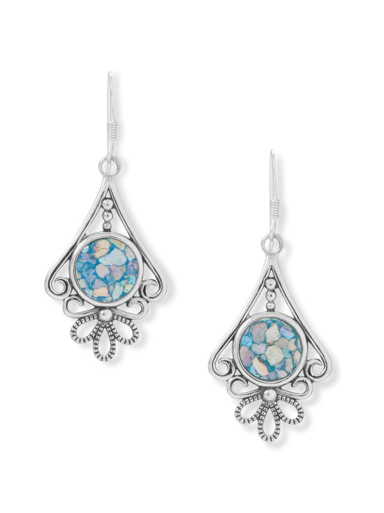 Ancient Roman Glass Earrings Sterling Silver with Flower Design