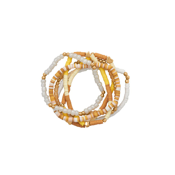 Friendship Stretch Bracelet Set of Six Yellow Tan White Gold Tone Beads Friendship Stretch Bracelet Set of Six Yellow Tan White Gold Tone Beads