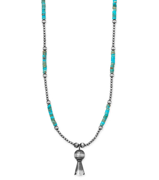 Turquoise Heshi Bead Necklace with Squash Blossom Pendant and Oxidized Beads - Handmade in the US Turquoise Heshi Bead Necklace with Squash Blossom Pendant and Oxidized Beads - Handmade in the US