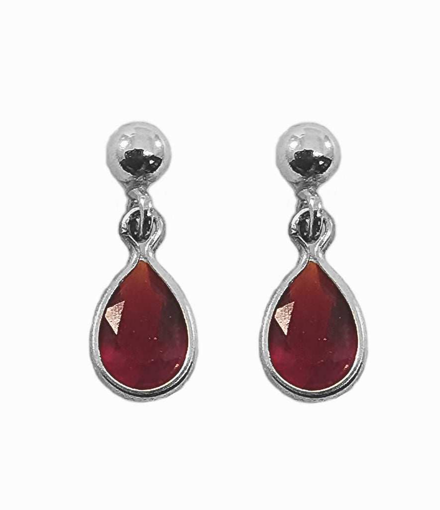 Sterling Silver Ball Post with Drop Earrings Cubic Zirconia Teardrop - Red