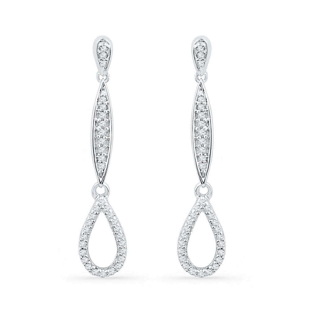 10k White Gold  Round Diamond Slender Teardrop Dangle Earrings 1/5 ctw