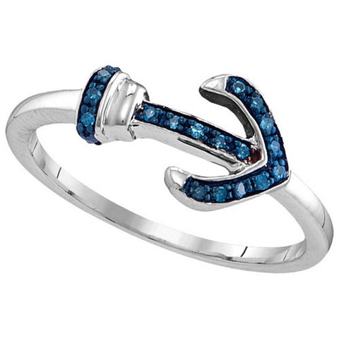 Anchor Ring with Genuine Blue Diamonds 1/20 CTW Rhodium on Sterling Silver 19 Diamonds, 5