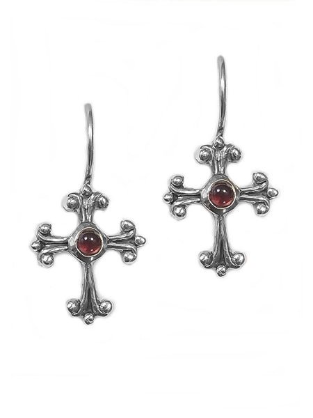 Fleuree Cross Earrings with Center Garnet - Sterling Silver