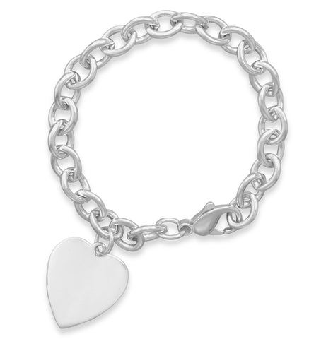 Sterling Silver Heart Tag Charm Bracelet Heavy Cable Chain Made in the USA