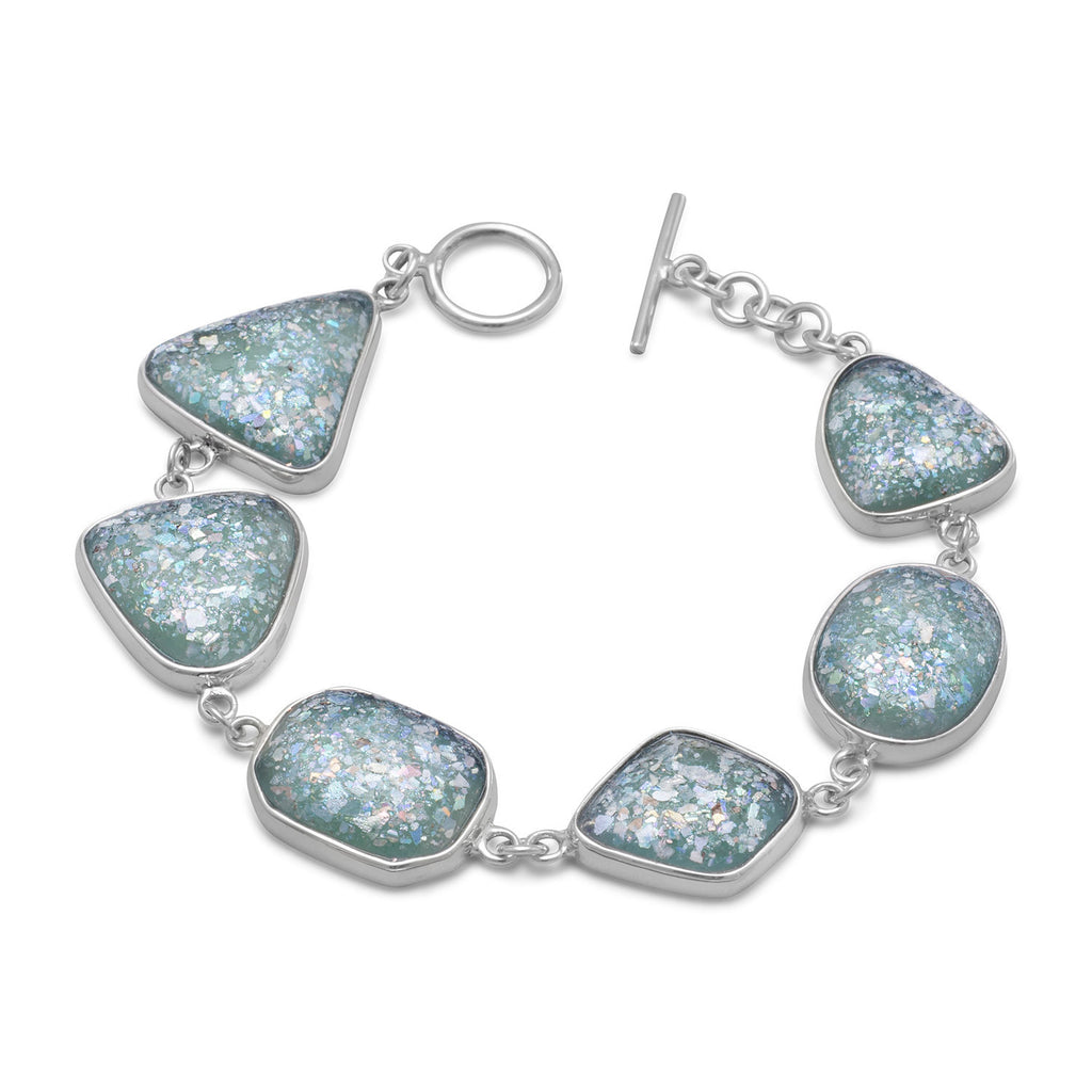 Ancient Roman Glass Bracelet with Varied Shapes Freeform Sterling Silver Handmade in Israel