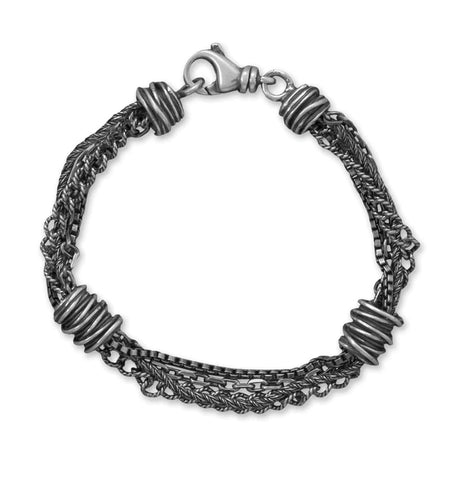 Layered Bracelet with Box, Cable, Curb, and Rope Chains Oxidized Sterling Silver