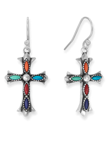 Multicolor Stone Cross Earrings Sterling Silver with Lapis, and Reconstituted Turquoise, and Coral