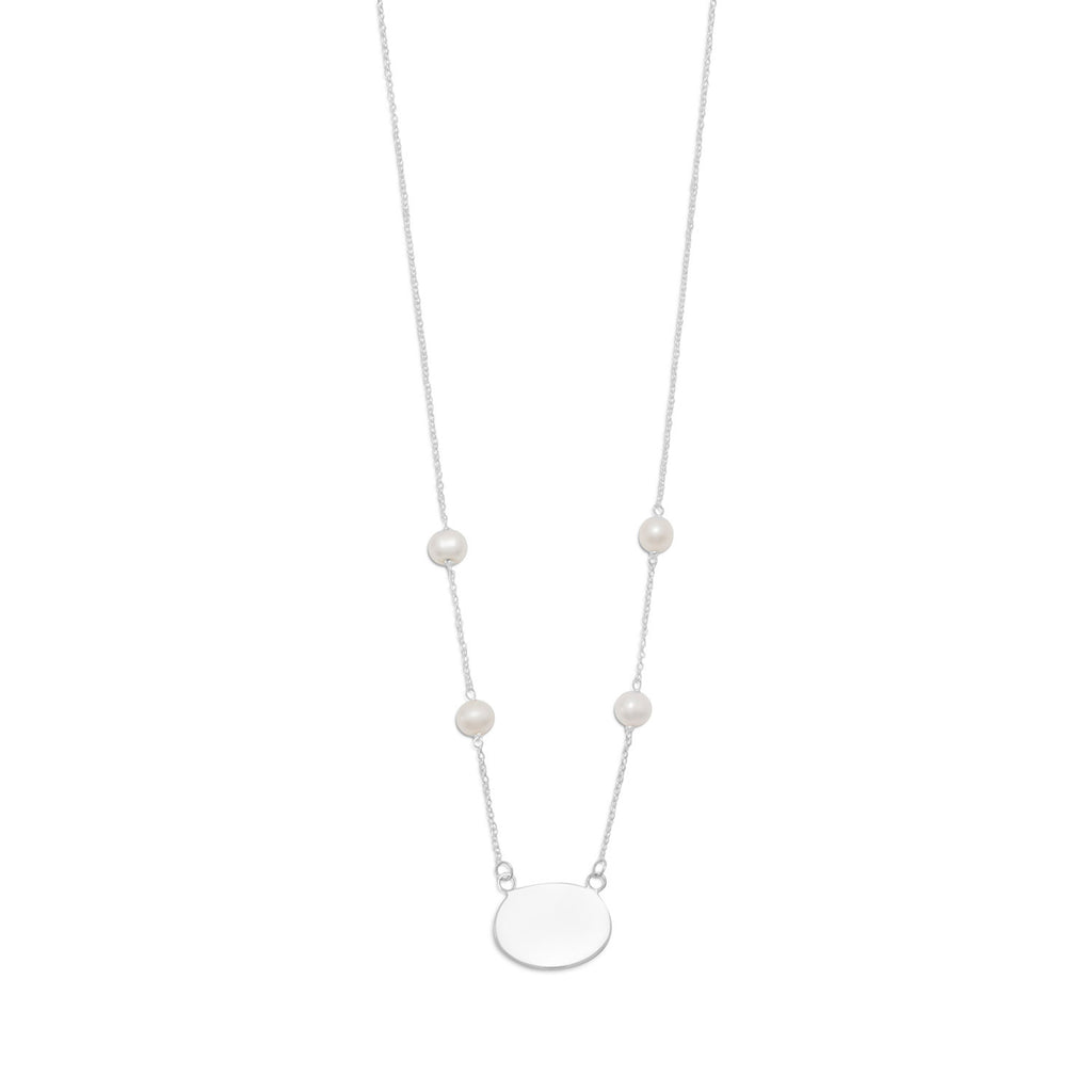 White Cultured Freshwater Pearls and Oval Tag Engraveable Chain Sterling Silver Necklace