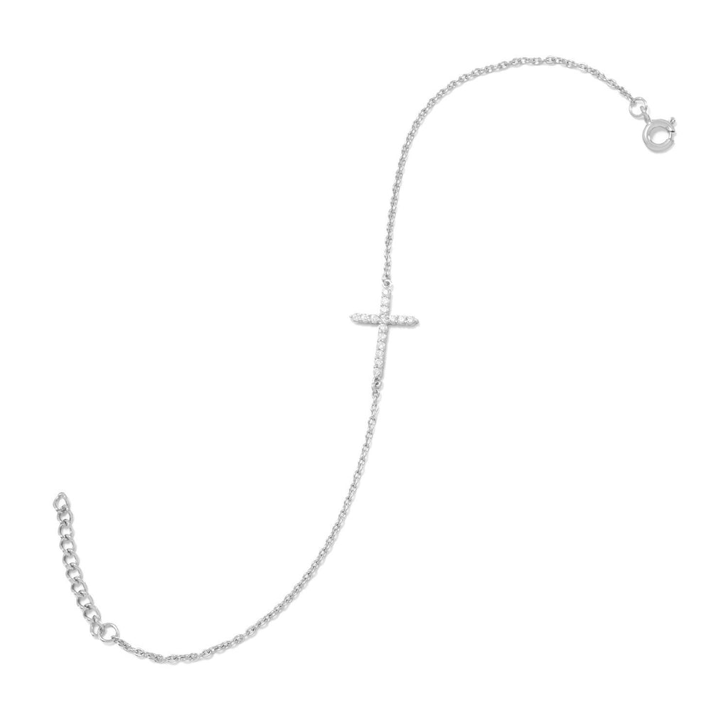 Side Set Cross Bracelet Cubic Zirconia Rhodium on Sterling Silver Nontarnish