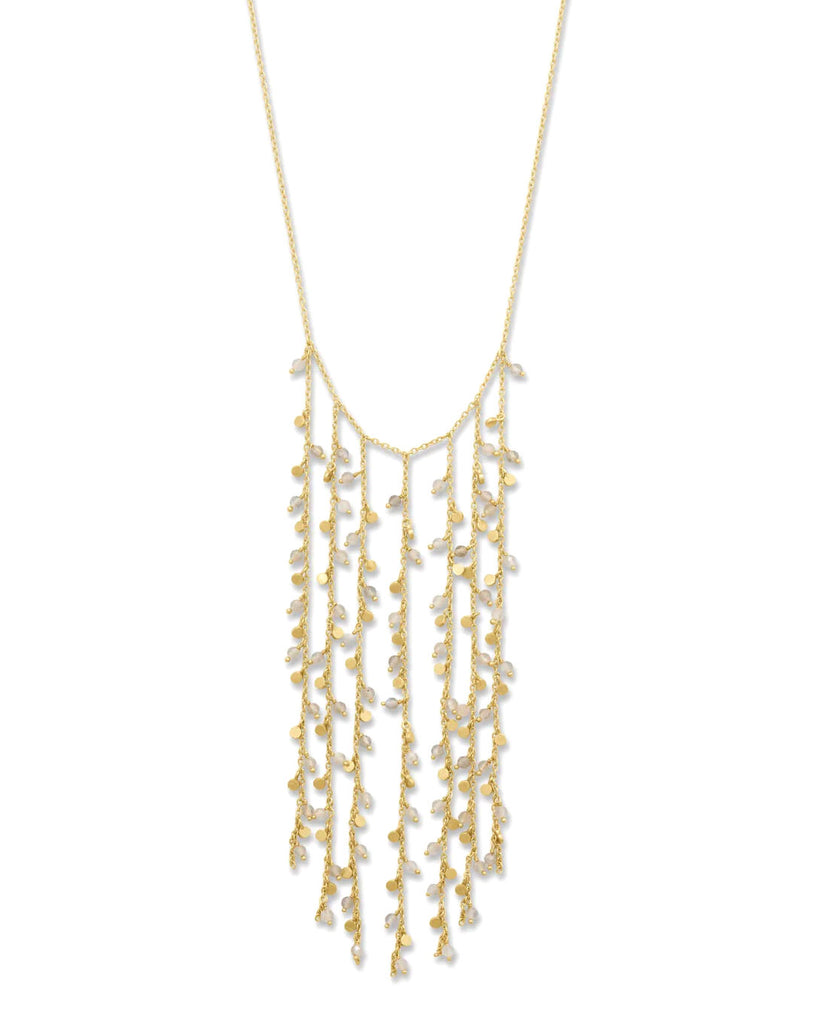 Dancing Charm Fringe Necklace with Discs and Labradorite Beads Adjustable Length