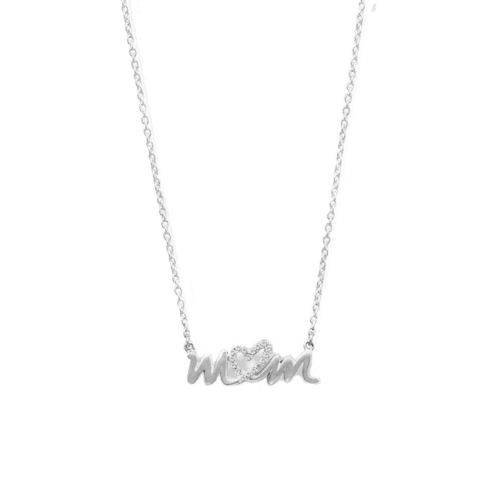 Mom Heart Necklace Sterling Silver Cubic Zirconia Adjustable Length