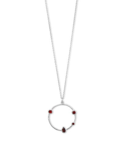 Hammered Circle Necklace with Genuine Garnet Accents Rhodium on Sterling Silver Adjustable