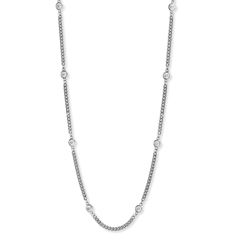 Curb Chain Station Necklace with Cubic Zirconia Rhodium on Silver, Adjustable Length