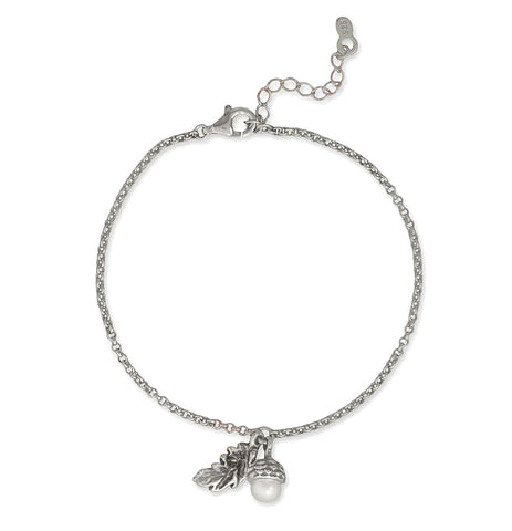 Acorn with Pearl and Oak Leaf Bracelet Sterling Silver Adjustable Length