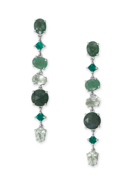 Green Moss Agate, Prehnite, Prasiolite, and Glass Drop Earrings Rhodium on Sterling Silver Green Moss Agate, Prehnite, Prasiolite, and Glass Drop Earrings Rhodium on Sterling Silver