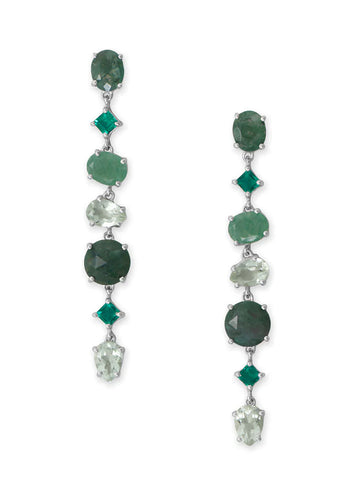 Green Moss Agate, Prehnite, Prasiolite, and Glass Drop Earrings Rhodium on Sterling Silver