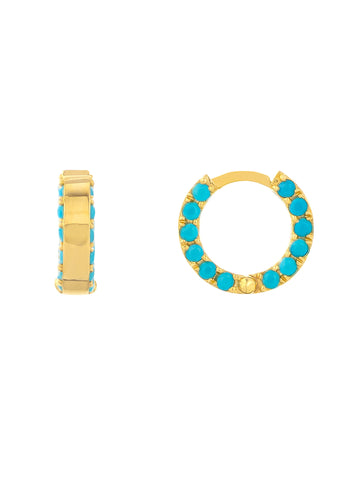 14k Yellow Gold Small Huggie 10mm Hoop Earrings with Genuine Turquoise