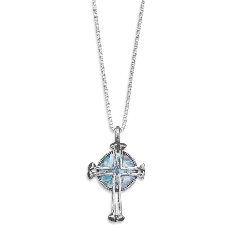 Ancient Roman Glass Necklace with Nail Cross Sterling Silver Made in Israel Box Chain Included