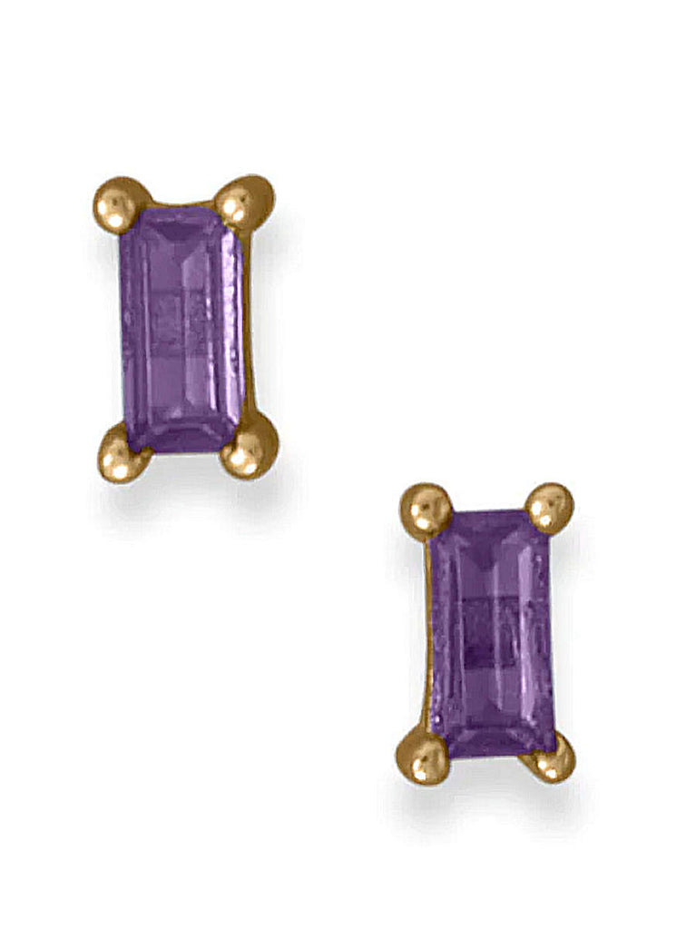 Purple Baguette Cubic Zirconia Stud Earrings Gold-Plated Silver