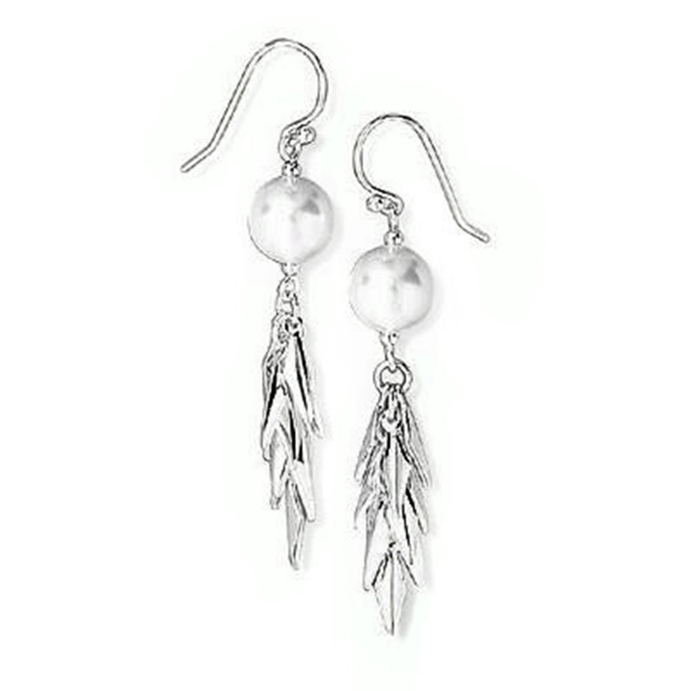 9mm White Simulated Pearl and Silver Diamond Shape Layered Dangle Earrings