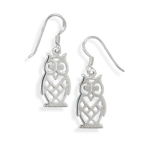 Wise Owl Earrings Cut Out Design Sterling Silver Dangling