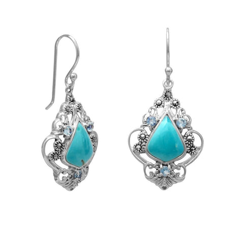 Sterling Silver Marcasite Blue Topaz and Reconstituted Turquoise Drop Earrings