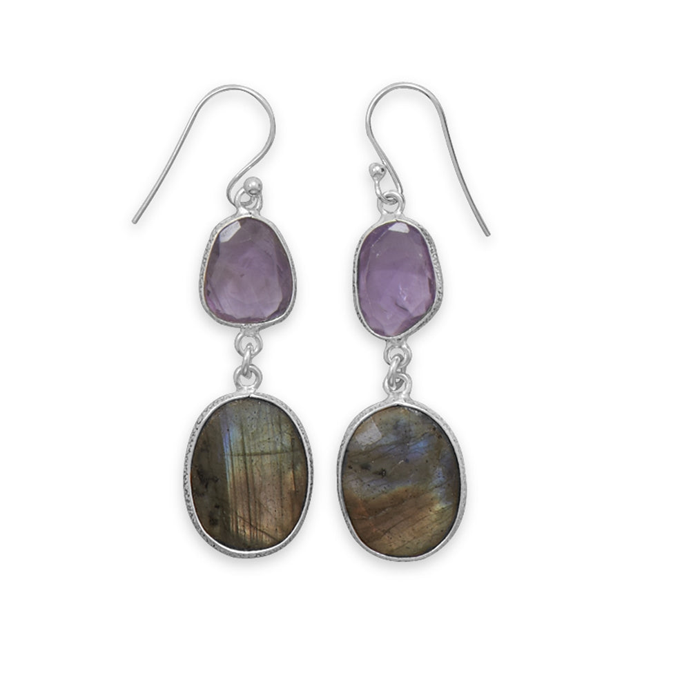 Amethyst and Labradorite Earrings Long Dangle Sterling Silver Freeform Shapes