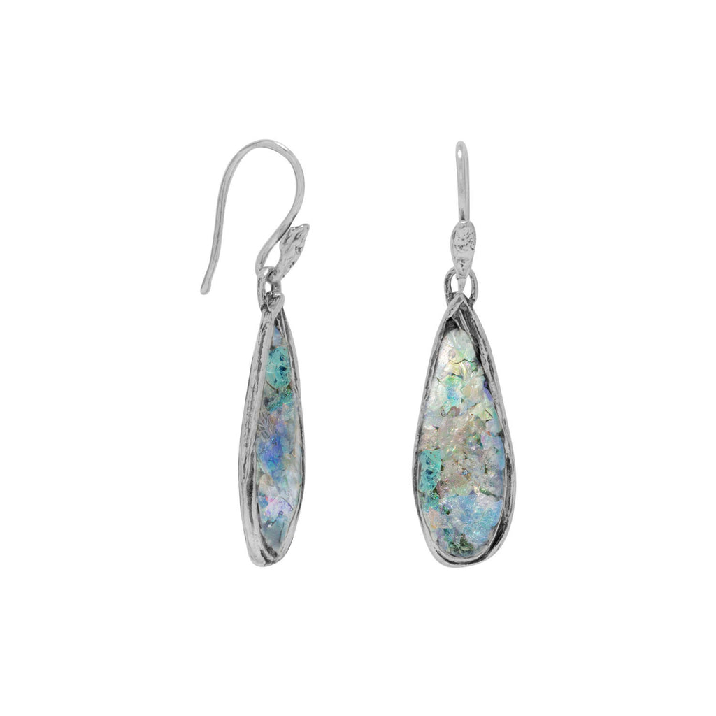 Ancient Roman Glass Earrings Teardrop Shape Sterling Silver