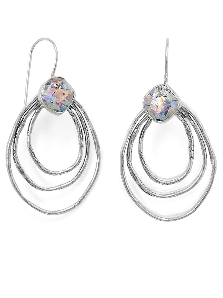 Ancient Roman Glass Earrings Triple Hoop Drop Wire Handcrafted Sterling Silver
