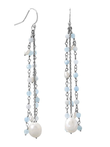 Aquamarine and Cultured Freshwater Pearl Drop Earrings with Triple Chain