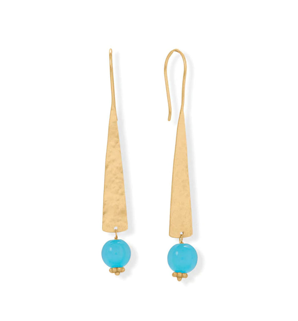 14 Karat Gold Plated Long Hammered Aqua Chalcedony Earrings