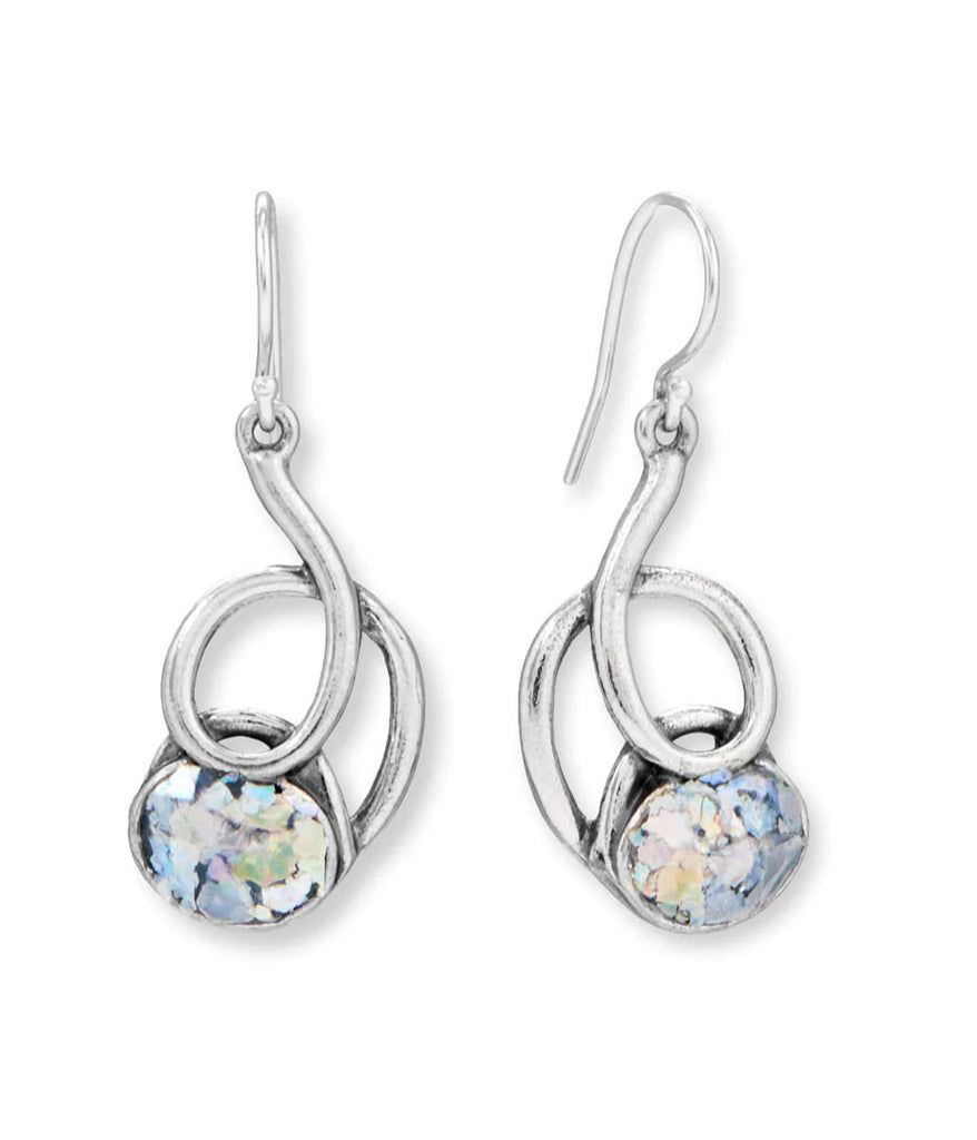 Ancient Roman Glass Abstract Swirl Design Dangle Earrings Sterling Silver - Handmade in Israel