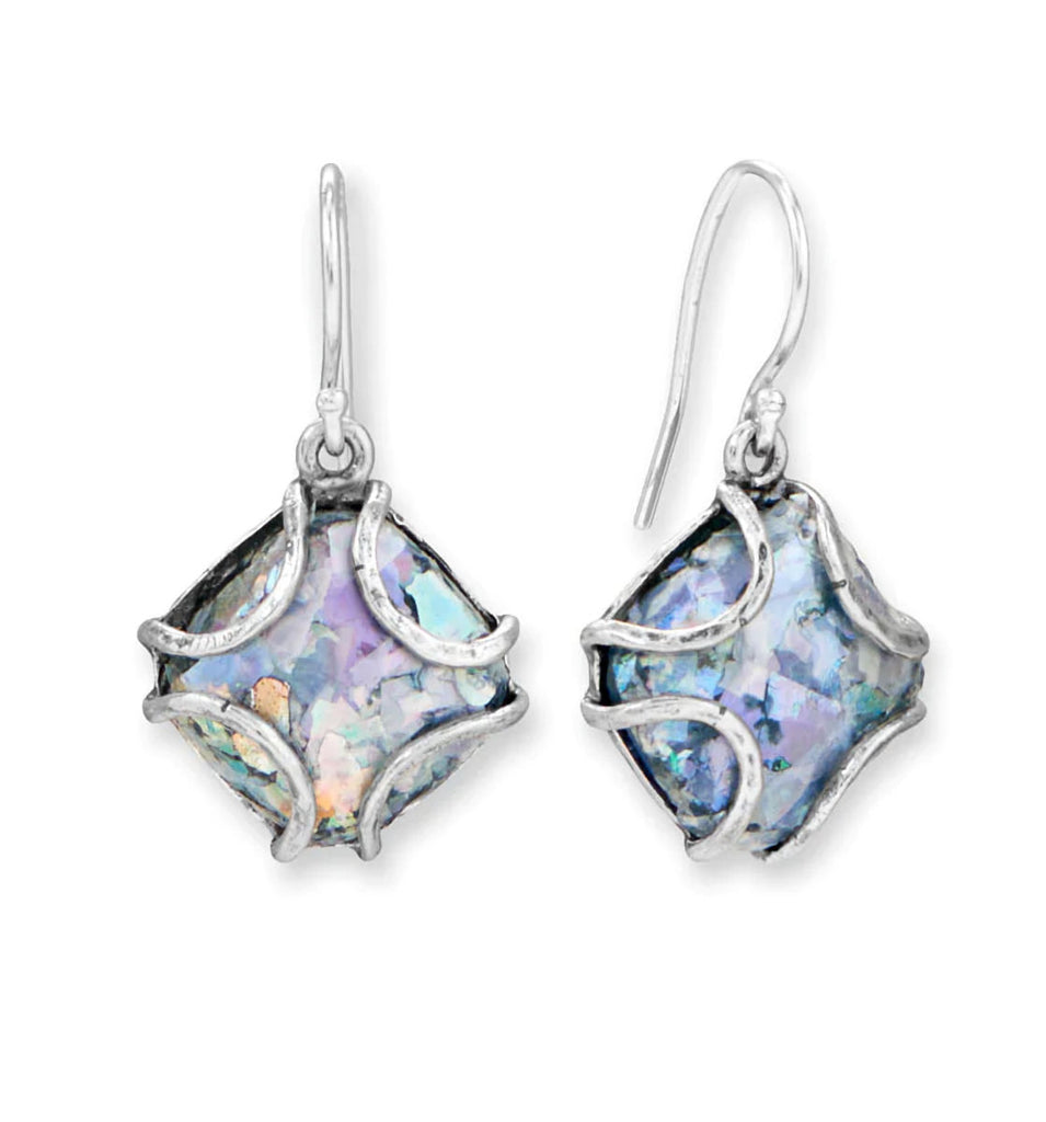 Ancient Roman Glass Earrings with Wire Cage Setting Sterling Silver