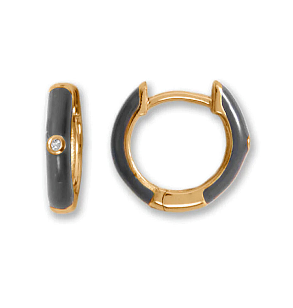 Huggie Hoop Earrings Gold-plated Silver with Grey Enamel and Cubic Zirconia
