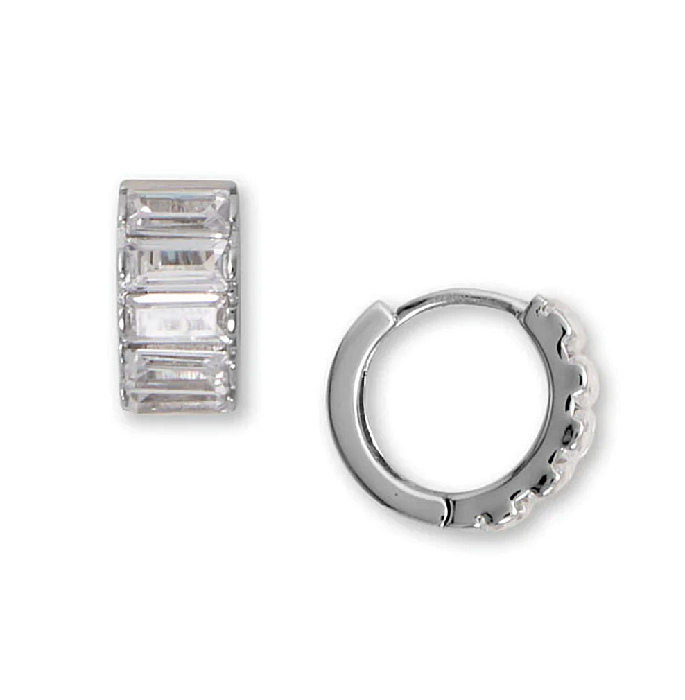 Hoop Earrings Mens Womens with Baguette Cubic Zirconia Huggy Huggie Rhodium on Sterling Silver