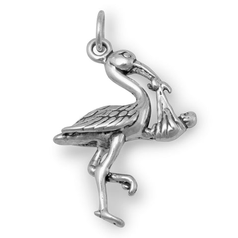 Stork with Baby Charm Sterling Silver, Made in the USA